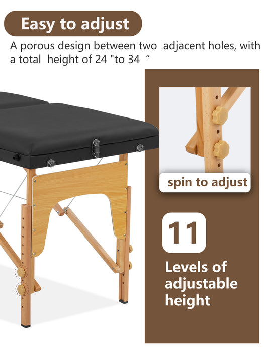 Massage Table Portable Portable Massage Bed 2 Section Long Foldable Tattoo Bed w/Carrying Case Height Adjustable Sturdy Wooden Frame,Solon&Facial Care Spa Lash Bed
