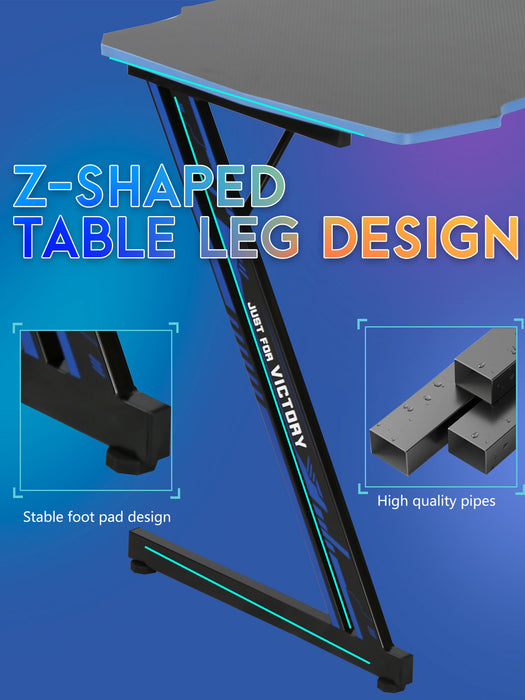Gaming Desk 47.2 Inch Z Shaped Carbon Fiber Surface Desktop Computer Table PC Workstaion Gaming Table with Headphone Hook