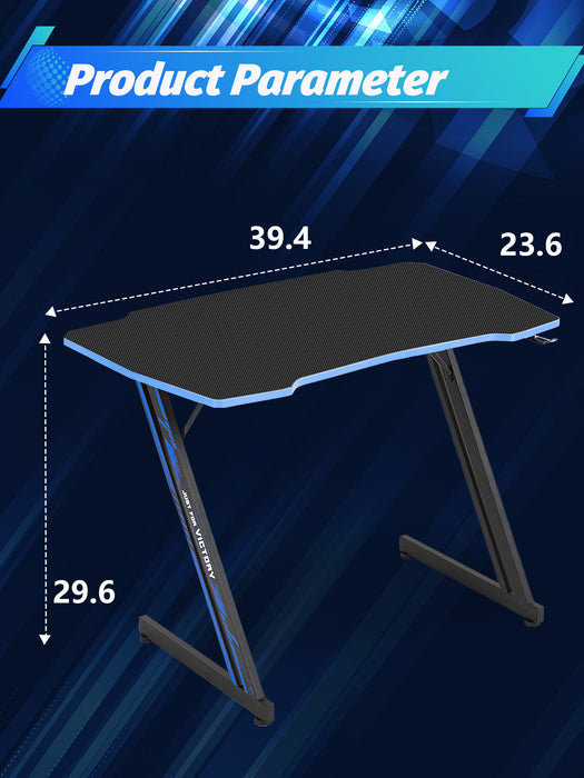 Gaming Desk 39.4 Inch Z Shaped Carbon Fiber Surface Desktop Computer Table PC Workstaion Gaming Table with Headphone Hook
