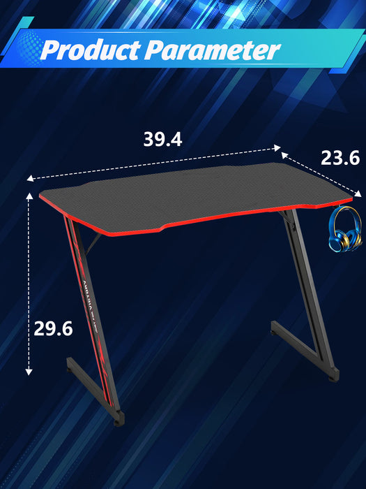Gaming Desk 39.4 Inch Z Shaped Carbon Fiber Surface Desktop Computer Table PC Workstaion Gaming Table with Headphone Hook
