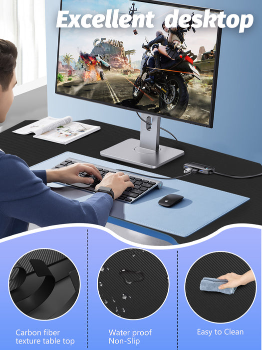 35.2 Inch Modern Computer Desk Carbon Fiber Surface for Home Office with Headphone Hook Sturdy Workstation Table Z-Shaped with Spacious Desktop,Blue