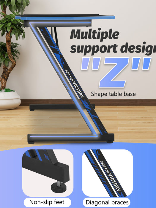 35.2 Inch Modern Computer Desk Carbon Fiber Surface for Home Office with Headphone Hook Sturdy Workstation Table Z-Shaped with Spacious Desktop,Blue