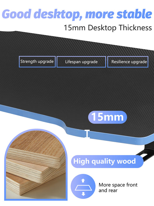 35.2 Inch Modern Computer Desk Carbon Fiber Surface for Home Office with Headphone Hook Sturdy Workstation Table Z-Shaped with Spacious Desktop,Blue