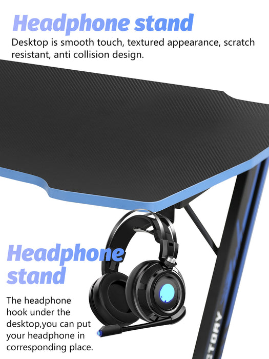 35.2 Inch Modern Computer Desk Carbon Fiber Surface for Home Office with Headphone Hook Sturdy Workstation Table Z-Shaped with Spacious Desktop,Blue