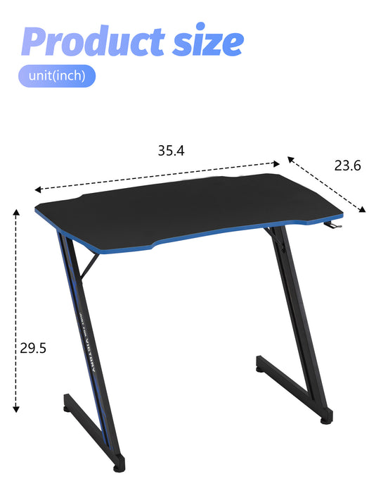 35.2 Inch Modern Computer Desk Carbon Fiber Surface for Home Office with Headphone Hook Sturdy Workstation Table Z-Shaped with Spacious Desktop,Blue