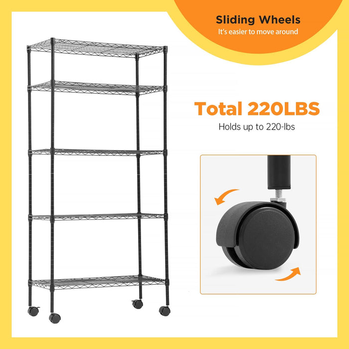 5 Tier Layer Wire Metal Shelving Unit with Wheels