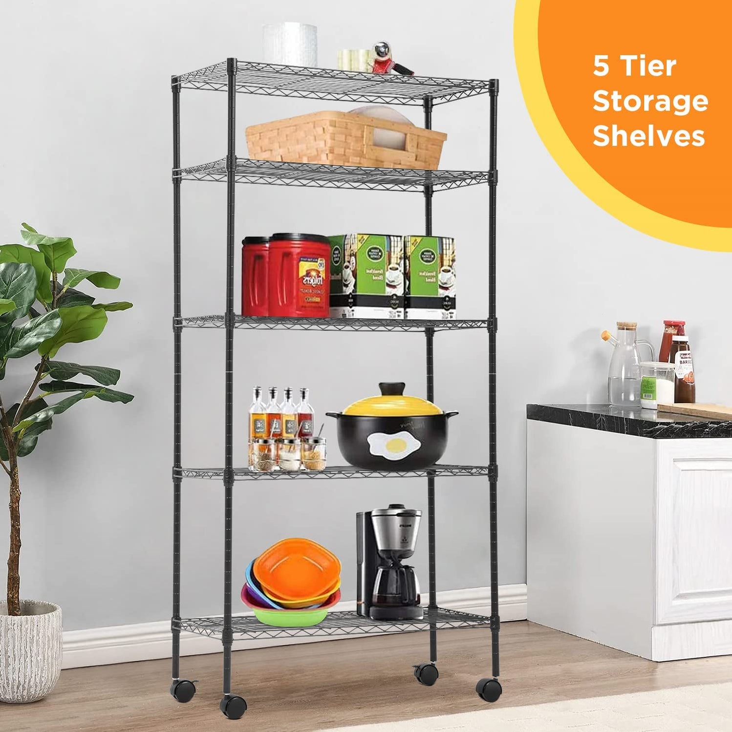 5 Tier Layer Wire Metal Shelving Unit with Wheels — BestOffice